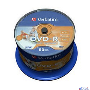 Verbatim  Диски DVD-R  4.7Gb 16х, Wide Photo InkJet Printable, 50шт, Cake Box (43533/43649)