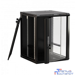 Hyperline TWB-FC-1266-GP-RAL9004 Шкаф настенный 19-дюймовый (19"), 12U, 650x600x600 мм, стеклянная дверь с перфорацией по бокам, ручка с замком, с возможностью установки на ножки, цвет черный RAL 9004