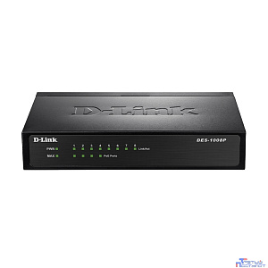 D-Link DES-1008P/C1A Неуправляемый коммутатор с 8 портами 10/100Base-TX (4 порта с поддержкой PoE 802.3af (15,4 Вт), PoE-бюджет 52 Вт)