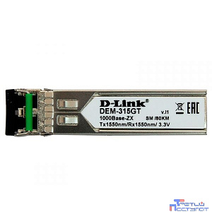 D-Link 315GT/A1A SFP-трансивер с 1 портом 1000Base-ZX для одномодового оптического кабеля (до 80 км, разъем Duplex LC)