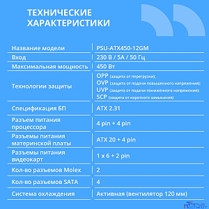 Блок питания CBR ATX 450W 80+ Bronze, DC-DC, APFC, 0.6mm, 24pin, 1*8-pin(4+4P), 1*6+2pin, 4*SATA, 2*IDE, 12cm fan, 1.5м кабель питания, черный [PSU-ATX450-12GM] BOX