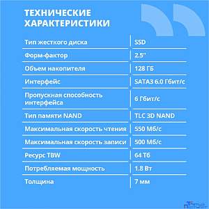 CBR SSD-128GB-2.5-BS24b, Внутренний SSD-накопитель, серия "Base", 128 GB, 2.5", SATA III 6 Gbit/s, 3D TLC NAND, R/W speed up to 550/500 MB/s, TBW (TB) 64, OEM