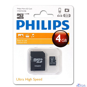 Micro SecureDigital 4GB Philips microSDHC Class 10 (SD адаптер)