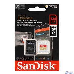 Micro SecureDigital 128GB Sandisk Extreme 128 ГБ, 190 МБ/с, Class 10, SDSQXAA-128G-GN6MA,  1 шт., переходник SD"
