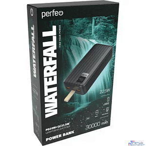 Perfeo Powerbank WATERFALL 30000 mAh/LED дисплей/PD + QC 3.0/Type-C/2 USB/Выход: 5A, max 22.5W/Black (PF_D0174)