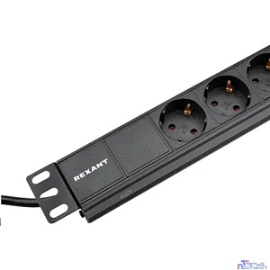 Rexant (04-0101-1) Блок распределения питания для 19" шкафов, горизонтальный, 6 розеток СЕЕ 7/4, 16A, без выкл, алюм корп, шнур 2м, вилка СЕЕ 7/7