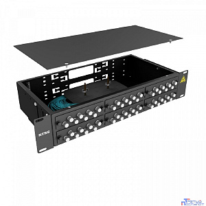 NTSS Кросс 19" NTSS PREMIUM, предсобранный 2U, 32 порта FC/UPC, 50/125 мкм ОМ3, (сплайс, пигтейлы, кдзс, планки, адаптеры), черный, RAL9005 NTSS-RFOB-PM-2U-32-FC/U-503-SP1.5G2A-BL