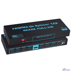ORIENT HSP0108HL-2.0, HDMI разветвитель 1->8, UHD 4K/60Гц (3840x2160),  HDR10, HDMI 2.0b, 18 Гбит/с, HDCP 2.2, EDID управление, внешний БП 5В/3А, метал.корпус (33254)