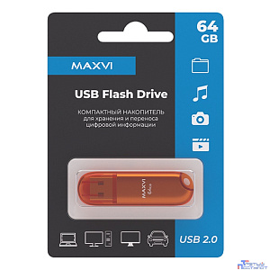 Maxvi USB Drive 64GB P1 orange, монолит с колпачком, ABS пластик, USB 2.0