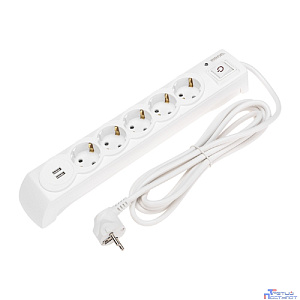 Kranz (13-4700) Фильтр сетевой 5 гнезд, 3м, 3х1,5мм?, с автовыкл, 2 USB, белый