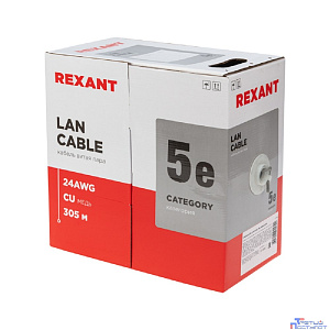 Rexant (01-0069) Кабель витая пара U/UTP, CAT 5e, ZH нг(А)-HF, 4PR, 24AWG, INDOOR, SOLID, серый, 305м