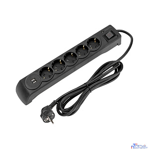Kranz (13-4703) Фильтр сетевой 5 гнезд, 5м, 3х1,5мм?, с автовыкл, 2 USB, черный