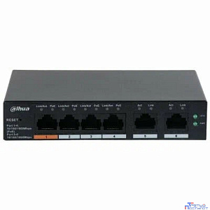 DAHUA DH-CS4006-4ET-60 4-портовый PoE коммутатор с функцией облачного управления, 4xRJ45 100Mb, 2xRJ45 100Mb uplink, суммарно 60Вт, коммутация 4.8 Гбит/с, MAC-таблица 8К