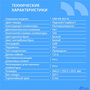 CBR KB 302 M USB, Клавиатура 104+8 доп. кл. 1,8 м поверхность под карбон