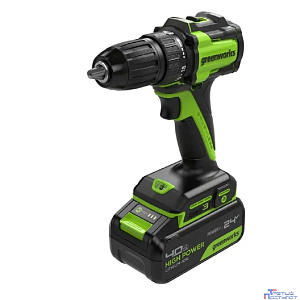 Greenworks DD345, 24V, Дрель-шуруповерт аккумуляторная, бесщеточная, 27/45 Нм,13мм,1х4Ач,ЗУ,кор  [3708307CUB]