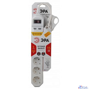 Эра Б0019037 Сетевой фильтр USF-5es-1.5m-USB-W (белый) с заземл, 3x0,75мм2, с выкл, 5гн, 1,5м {защита от короткого замыкания, от перегрузки, от импульсных помех, USB-зарядка}