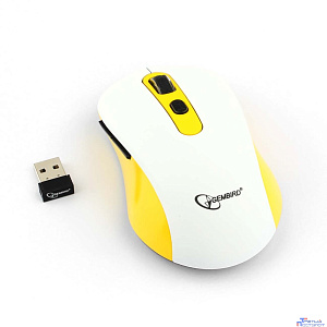 Gembird MUSW-221-Y {Мышь беспров., белый/жёлтый, 5кн.+колесо-кнопка, 800/1200/1600DPI, 2.4ГГц, трехуровневая система энергосбережения}