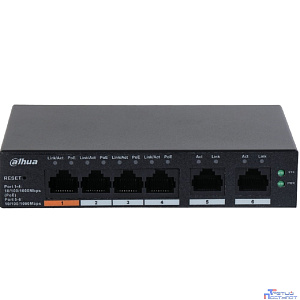 DAHUA DH-CS4006-4GT-60 4-портовый гигабитный PoE коммутатор с функцией облачного управления, 4xRJ45 100Mb, 2xRJ45 1Gb uplink, суммарно 60Вт, коммутация 12Гбит/с, МАС-таблица 8К