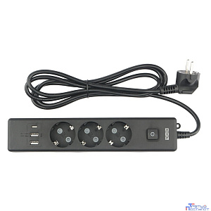 PowerCube Бытовой удлинитель (PC-6B-2M) 3р с/з вык.,3USB, 3500 Вт, 16А, 1.9 м, 3*1,0 (черный) {22310}