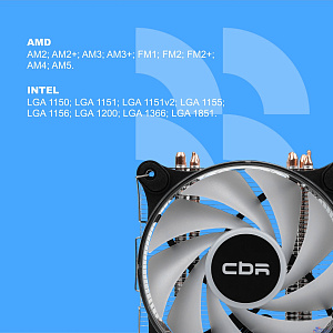 CBR-CC-4180-ARGB-PWM Кулер для процессора, Al+Cu, 4 heat pipes, Socket 775/1366/1155/1156/1150/1151/1200/1700/AM2/АМ2+/АМ3/AM3+/FM1/FM2/AM4/AM5, TDP 180W, 120mm Fan, 2300RPM, HB, ARGB, PWM, 34db