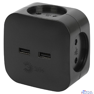 ЭРА Б0049536 Разветвитель электрический SP-4-USB-B на 4 розетки 220V + 2xUSB 2400mA, без заземл 10А (черный)