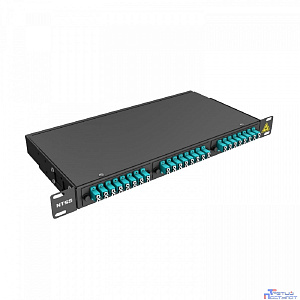 NTSS Кросс 19" NTSS PREMIUM, предсобранный 1U, 12 портов LC/UPC duplex, 50/125 мкм ОМ3, (сплайс, пигтейлы, кдзс, планки, адаптеры), черный, RAL9005 NTSS-RFOB-PM-1U-12-2LC/U-503-SP1.5G1A-BL