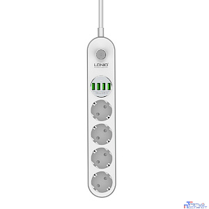 Perfeo LD_B4438  LDNIO SE4432/ Сетевой удлинитель 2м + ЗУ на 4 USB/ 4 розетки (медь) - 2500W/ USB - 17W/ White&Gray