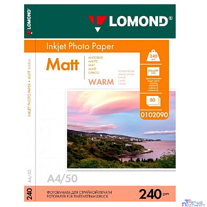 Фотобумага Lomond A4, для струйной печати, 50л, 240г/м2, тепло-белый, покрытие матовое [0102090]