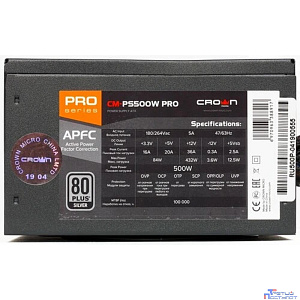 CROWN Блок питания CM-PS500W PRO (ATX, 500W, 80 PLUS SILVER 89%, APFC 20+4in 500mm, длина корпуса 140мм, FAN120, SATA*6, PATA*6, 4+4pin, 6+2pin PCI-E*4, кабель 1.2v, картонная упаковка)