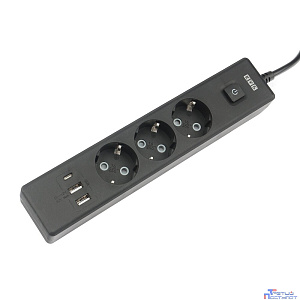 PowerCube Бытовой удлинитель (PC-6B-2M) 3р с/з вык.,3USB, 3500 Вт, 16А, 1.9 м, 3*1,0 (черный) {22310}