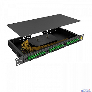 NTSS Кросс 19" NTSS PREMIUM, предсобранный 1U, 24 порта SC/APC, 9/125 мкм, (сплайс, пигтейлы, кдзс, планки, адаптеры), черный, RAL9005 NTSS-RFOB-PM-1U-24-SC/A-9-SP1.5G1A-BL