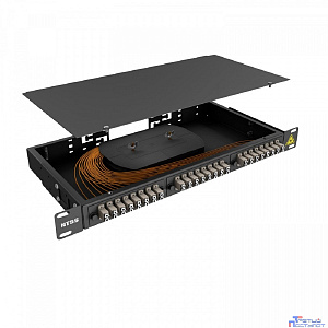 NTSS Кросс 19" NTSS PREMIUM, предсобранный 1U, 10 портов LC/UPC duplex, 50/125 мкм, (сплайс, пигтейлы, кдзс, планки, адаптеры), черный, RAL9005 NTSS-RFOB-PM-1U-10-2LC/U-50-SP1.5G1A-BL